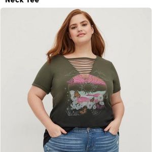 Torrid green slim fit butterfly slashed neck tee. NWOT. Size 1.